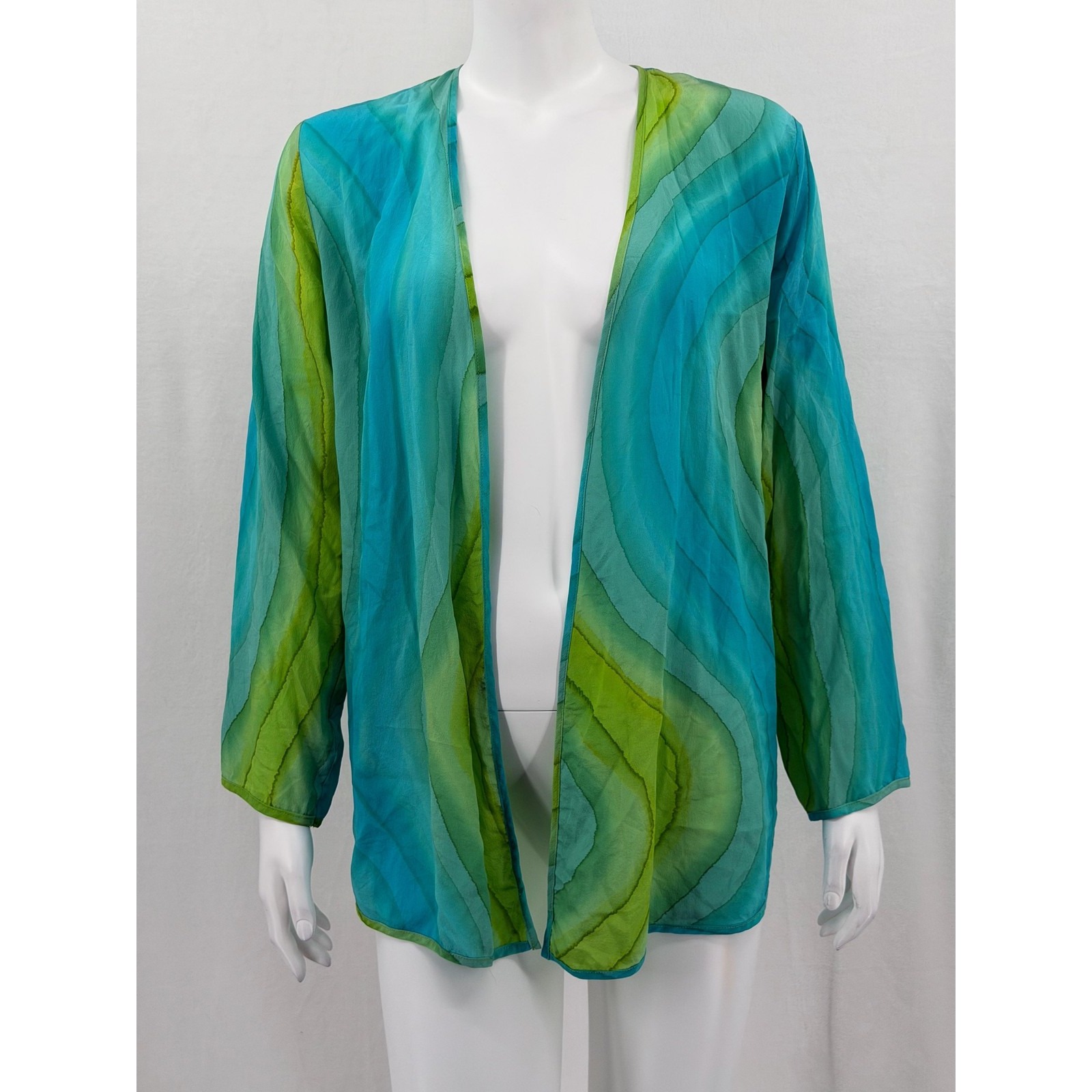 Vintage Aliki Yamani Creations Top Womens Small Blue Green Silk Sheer Kimono